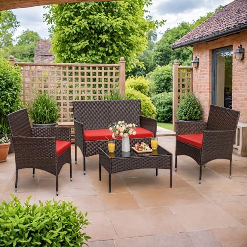Homall 4 Pieces Patio Rattan Chair Wicker, Outdoor Indoor Use Backyard Porch Garden Poolside Balcony Furniture Sets (Red) - Image 6