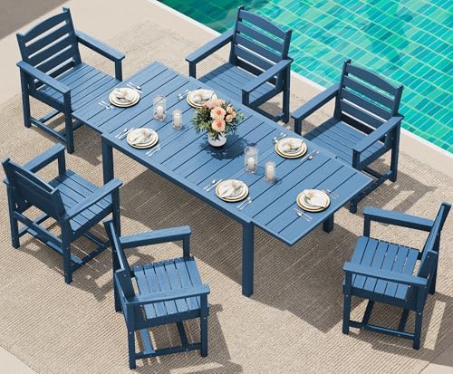 SERWALL 60" - 83" Expandable Outdoor Dining Table and 6 HDPE Chairs, Blue by SERWALL