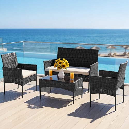 DUMOS 4-Piece Patio Furniture Set, Outdoor Rattan Seating Chair, Black - Image 3