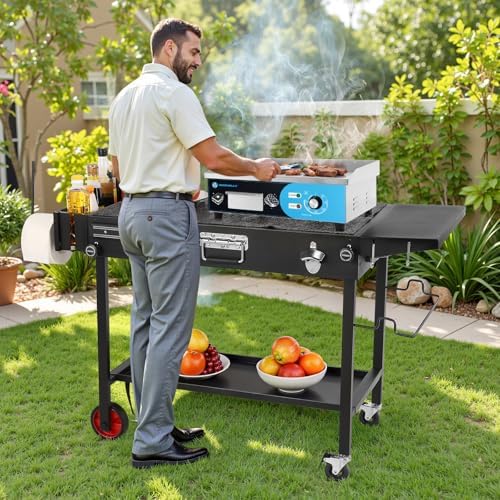IRONWALLS Commercial Electric Countertop Griddle 22 Inch and Tabletop Griddle Stand, Folding Grill Cart on Wheels, Movable Food Prep Table for Patio, Camping - Image 2