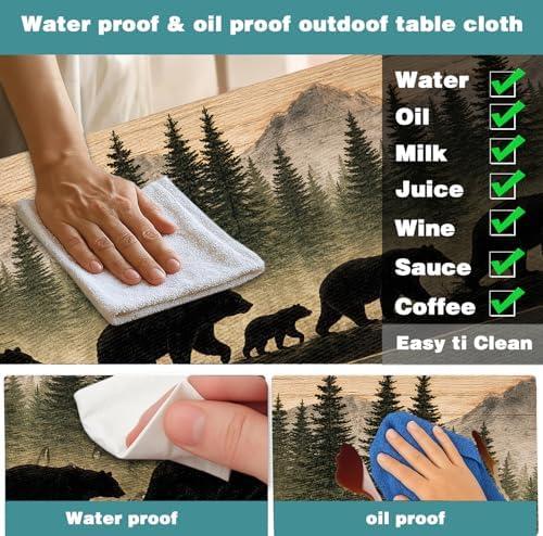 Picnic Table Cover with Bench Covers and Bag, Forest Mountain Bear Wooden Waterproof Windproof, Fitted Tablecloth Cover with Elastic Edge, for Indoor & Outdoor, Garden, Camping, 3 PCS 30x72 Inch - Image 6