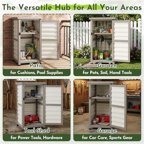 Small Outdoor Storage Cabinet with Waterproof Metal Top, White Wood & Plastic Potting Bench Table with Removable Shelf, Outside Cabinets Work Station for Patio, Balcony,17.9''x17.9''x33.5'' - Image 6