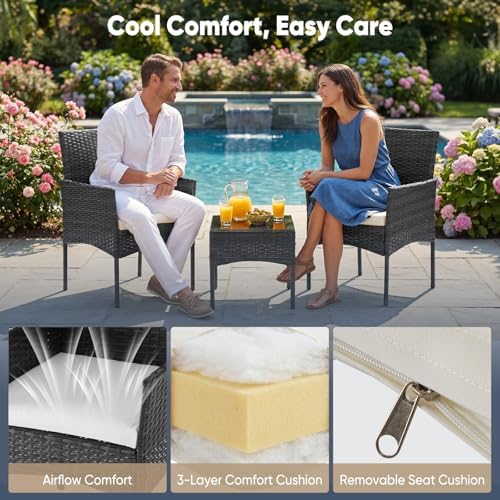 DUMOS 3 Piece Patio Furniture Set, Outdoor Wicker Bistro Set, Black - Image 6