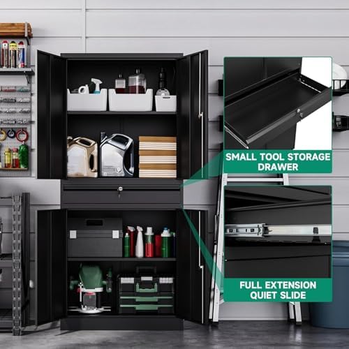 Letaya Metal Garage Storage Cabinet with Drawer,4 Door Tool Cabinet with Lock-2 Adjustable Shelves for Garage Home Office Utility Room (Black) - Image 5
