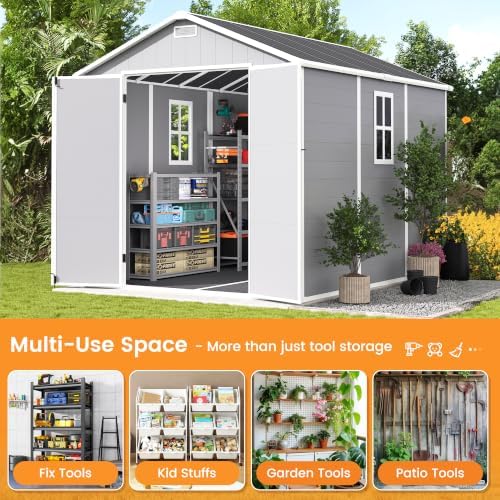 UDPATIO Storage Shed 8 x 10 FT, Resin Sheds & Outdoor Storage with Floor Large Clearance Outdoors Plastic Garden Tool Shed Tuff Outside Cottage Shed with Lockable Door for Bike, Garbage Gray White - Image 5