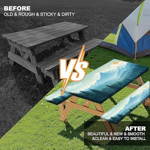 Picnic Table Cover with Bench Covers and Bag, Forest Mountain Sunset Camping Tablecloth, Waterproof Windproof Oilproof Elastic Edges Fitted Tables Cover for Indoor Outdoor 3PCS 30x96 Inch (Green) - Image 4