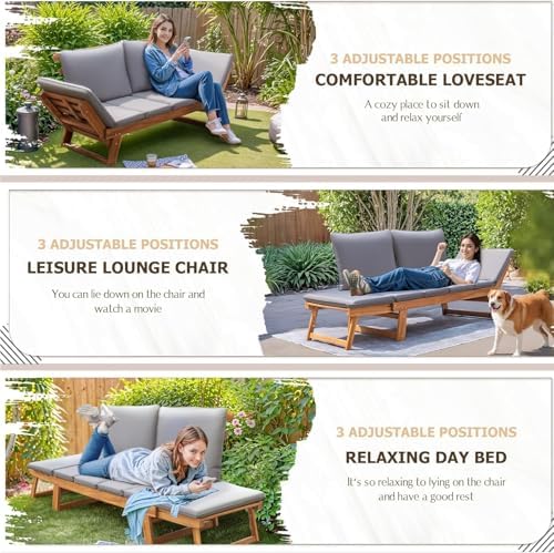 Devoko Outdoor Couch Acacia Wood Outdoor Sofa Balcony Furniture (Grey) - Image 3