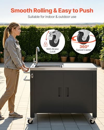 VEVOR Outdoor Grill Cart with Sink and Storage Cabinet, 38 Inch Grill Table, Waterproof Kitchen Island with Stainless Steel Top, Spice Rack, Wheel, Movable Food Prep Station for Patio Bar Backyard BBQ - Image 6