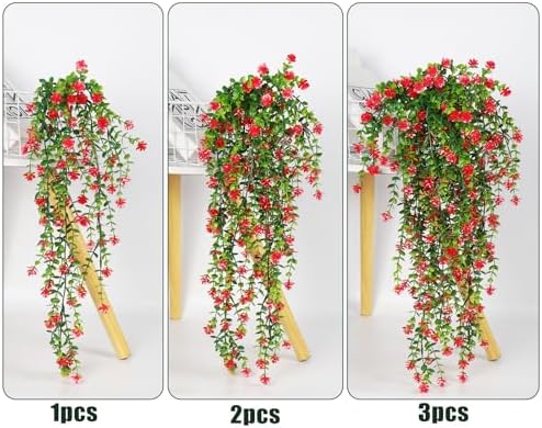 RECUTMS Artificial Hanging Plants Faux Hanging Vine Red Flowers Fake Plants - Image 3