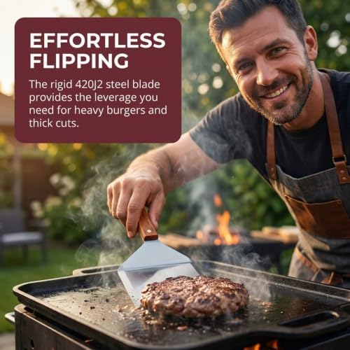 Extra Wide Spatula with Beveled Edges, Oversized Stainless-Steel Spatula with Wood Handle for Skillets, Griddles & Pancake Flipper for Burgers, Omelet, and Versatile for Culinary Task, 6 x 5-inches - Image 3