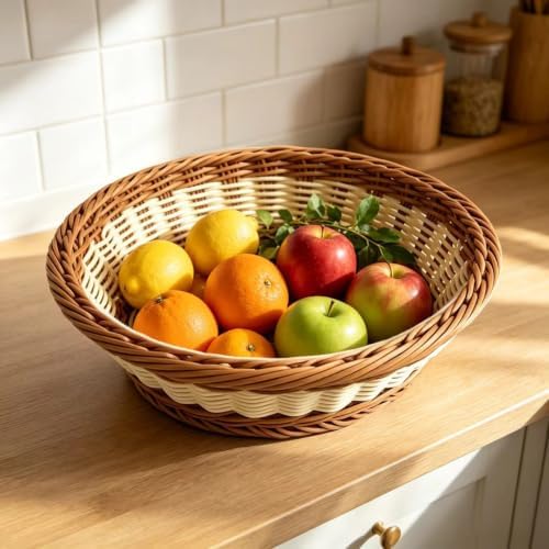RT&BS Round Wicker Bread Basket, Round Wicker Fruit Basket, Woven Egg Baskets, Reusable Handwoven Storage Baskets for Living Room, Kitchen, Store, Restaurant, Outdoor, Party (Bicolor, S) - Image 3