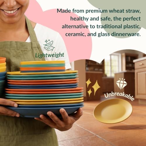 40-Piece Unbreakable Plastic Wheat Straw Dinnerware Set - Multi Color, 8-Person Dish Set for Dinner, Plates, Bowls, Cups & Appetizer Plates - Perfect for Outdoor Camping - Image 6