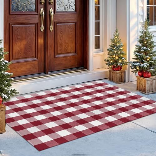 IOHOUZE Christmas Buffalo Plaid Outdoor Rug 4x6, Washable, Red White by iOhouze