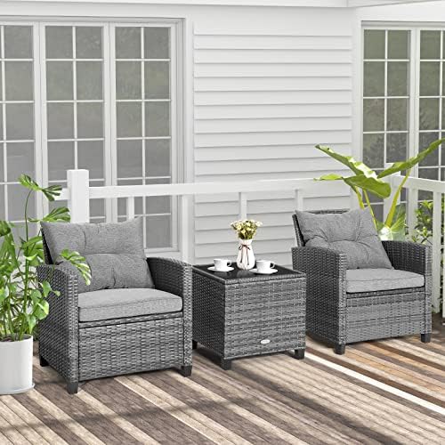 Tangkula 3 Pieces Patio Furniture Set, Outdoor PE Rattan Conversation Chair Set with Tempered Glass Side Table and Removable Cushions, PE Wicker Chairs and Table Set for Porch, Balcony and Garden - Image 3