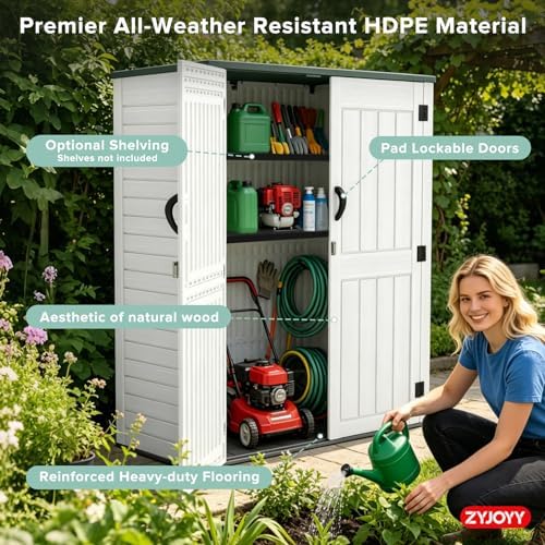 ZYJOYY Outdoor Storage Shed, 59 Cuft Outside Waterproof Storage Cabinet, HDPE Resin Plastic 385 Gallon Outdoor Storage Container, Vertical Lockable Storage Shed (Light Grey, 59 cuft/No Shelves) - Image 4
