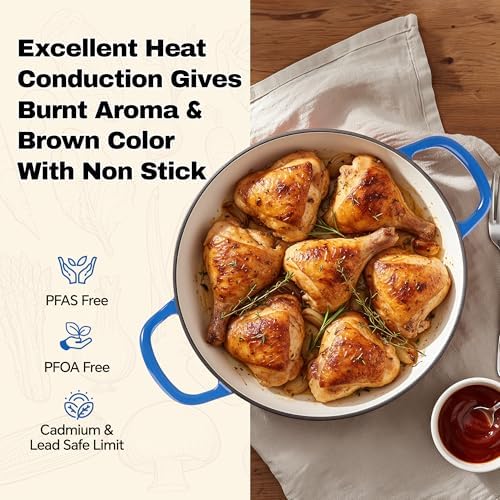 3 Quart Enameled Cast Iron Braiser, Non Stick Enameled Cast Iron Skillet with Lid, Dutch Oven Skillet with lid up to 500°F for Oven, Stove, Grill, Shallow Dutch Oven for Cook, Bake (Blue) - Image 2