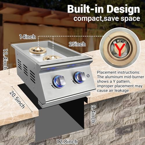 Double Grilling Side Burners for Outdoor Kitchen, 2 * 17,000BTU Liquid Propane Burners, Convertible to Natural Gas, Duty Heavy 304 Stainless Steel, Built-in Side Burner for BBQ Island Grill - Image 6