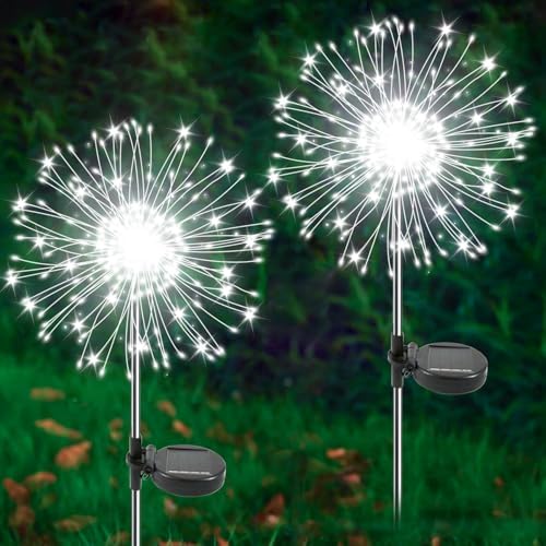 Solar Garden Lights Outdoor, 2 Pack 120 LED Twinkling Firework Lights Decorative with 2 Modes, Outdoor Waterproof Solar Starburst Light for Outside Yard Pathway Garden Decor, White by Yaafen