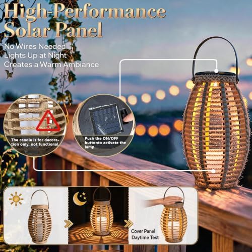 Solar Powered Rattan Lantern with Handle, 8.3 Inch, Warm White LED - Image 2