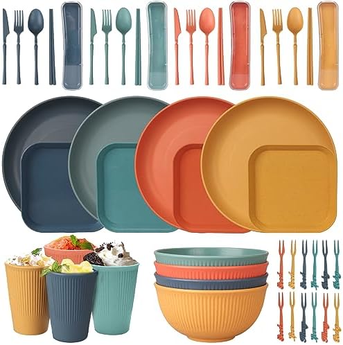 48 Pcs Dinnerware Sets, Unbreakable Plates and Bowls Sets, Reusable Dinnerware Sets for 4 People, Travel Camping Picnic Home Party Cutlery Set, Dishwasher Microwave Safe Dishes by CSYY