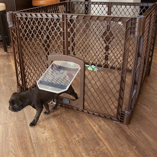 MyPet North States Petyard Passage: 4-Panel Folding Dog Playpen Indoor or Outdoor. 7 sq. ft. Puppy Playpen, Lockable Pet Door. Freestanding Play Pen Dog Gate. Made in USA. 26" Tall, Brown - Image 2
