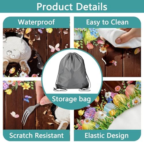 Easter Picnic Table Cover with Bench Covers Elastic Edges, Cute Bunny Flower Brown Wood Fitted Table Cover, Outdoor Patio Camping Essentials, Waterproof Camping Fitted Tablecloth, 3PCS, 30x96 Inch - Image 4