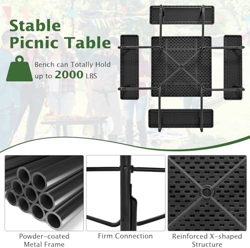 Moccha Picnic Table Bench Set - Outdoor Table and Chairs with Umbrella Hole, HDPE Tabletop & Metal Frame, 500LBS Capacity, Outdoor Camping Table for Garden Backyard Porch Patio Table Set (Black) - Image 7