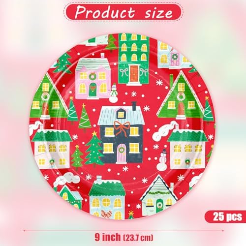 WRAPAHOLIC 25Pcs Christmas Paper Plates - 9 Inch Christmas Village House Disposable Plates Decorative Dinner Plates for Holiday Party Tableware Supplies Table Decor - Image 2