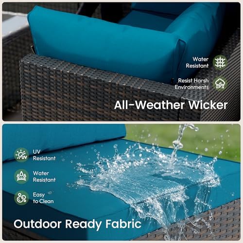 Patio Furniture Set - All-Weather - 7 Piece Patio Outdoor Conversation Set, Modular Wicker Rattan Sectional Sofa for Backyard, Garden, Poolside, Balcony, Porch, Patio, Brown/Peacock Blue - Image 3