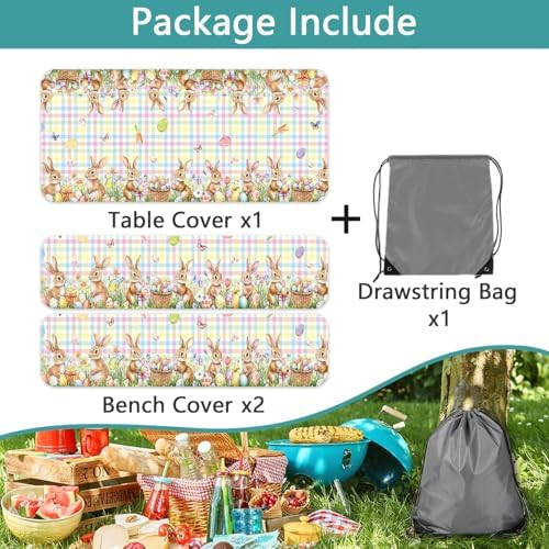 Easter Picnic Table Cover with Bench Covers, Camping Essentials, Easter Buffalo Plaid Bunny Eggs Flowers Outdoor Table Covers, Waterproof, Fitted Tablecloth Cover with Elastic Edge, 3 PCS, 30x60 Inch - Image 7