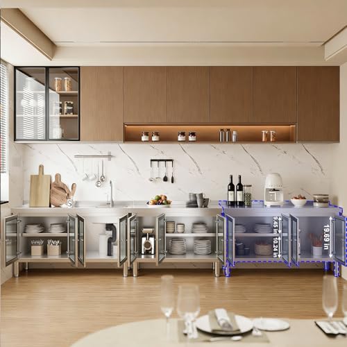 59" Stainless Steel Table Cabinet Heavy Duty Prep Table with 304 Stainless Steel Worktop and 4 Glass Doors Commercial Worktable Workbench with Storage Cabinet for Kitchen Garage Restaurant Outdoor - Image 5