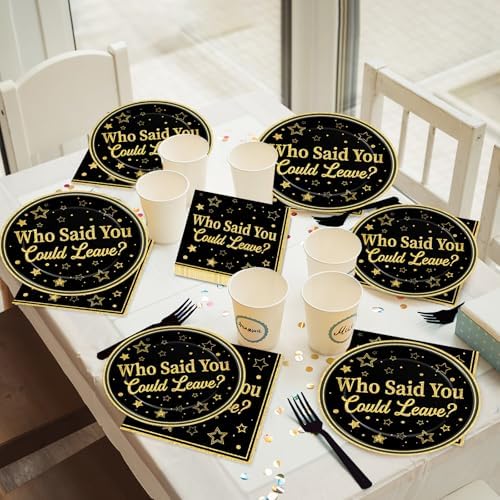 96Pcs Who Said You Could Leave Paper Plates and Napkins for Farewell Party Decor Retirement Disposable Plate Black and Gold Leaving Tableware Set for Goodbye Going Away Birthday Gatherings Decorations - Image 5