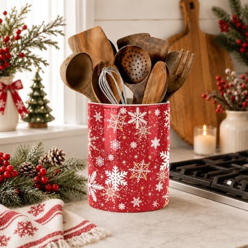 Christmas Snowflake Red Kitchen Utensil Holder, Xmas Winter Large Ceramic Utensil Holder For Countertop Organizer, 6.3'' Cooking Utensil Crocks Festivel Decor Utensil Storage Cup for Kitchen - Image 2