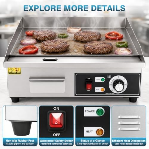 IRONWALLS Commercial Electric Griddle 22”, 3000W Electric Flat Top Griddle Grill Indoor, 122~572℉ Adjustable Temperature Control, Non-stick Stainless Steel Grill for Restaurant, Fits for 20-Amp Outlet - Image 6