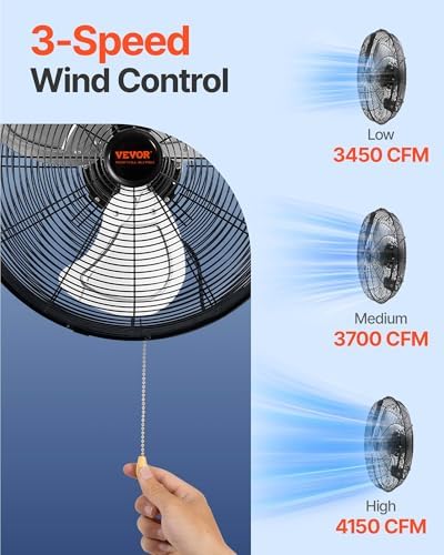 VEVOR Wall Mount Fan, 18 Inch 4150 CFM, 3-speed Wall Mounted Metal Fan - Image 4