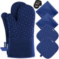 KEGOUU Oven Mitts and Pot Holders 6pcs Set, Kitchen Oven Glove High Heat Resistant 500 Degree Extra Long Oven Mitts and Potholder with Non-Slip Silicone Surface for Cooking(Marine Blue) by KEGOUUOvenMitt