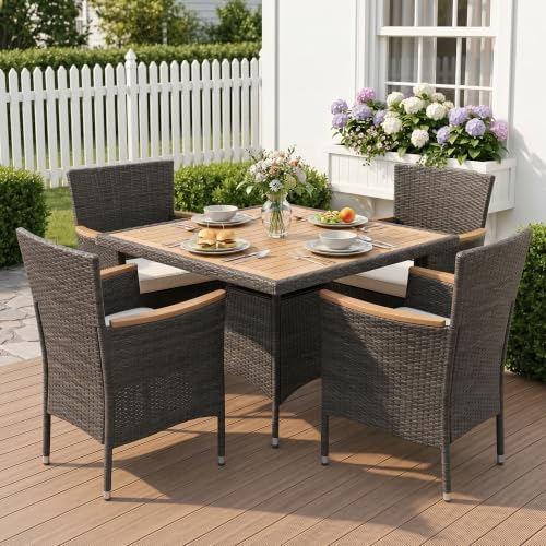 Wisteria Lane Rattan Patio Table and Chairs Set with Acacia Wood Tabletop by WisteriaLane