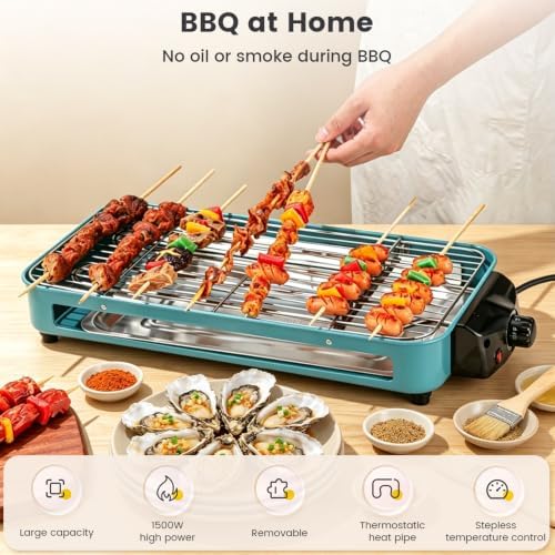 Electric Indoor Grill, 1500W Smokeless Barbecue BBQ Grill for Kitchen with Net, Fast Heat Up Power & Adjustable Temperature, for Beef, Salmon & Sausage Griddle - Image 6