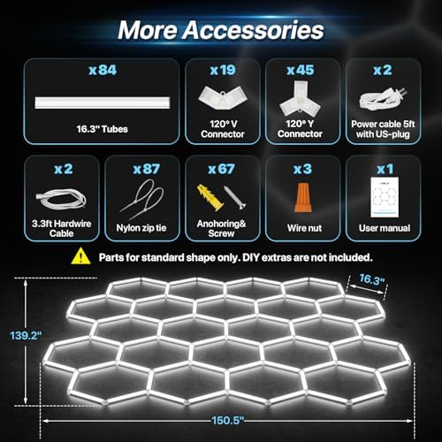 HYPERLITE Gen II Hexagon Garage Lights: 581W 58100LM 22 Grids Hexagon Led Light, 6500K Ultra Bright Honeycomb Hex Lights, Easy Install for Garage, Workshops, Shops, Gym - Image 6