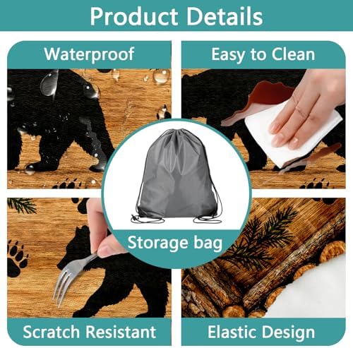 Forest Theme Picnic Table Cover with Bench Covers 6FT, Camping Essentials, Wood Grain Bear Waterproof Windproof Oilproof, Fitted Tablecloth Cover with Elastic Edge for Outdoor Garden 3 PCS 30x60 Inch - Image 4