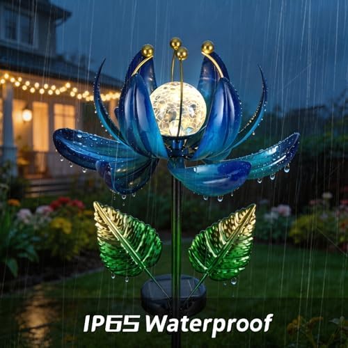 AIINY Solar Garden Lights Metal Flower Decor, Colorful Lotus Pathway Spinning Windmill with LED Cracked Crystal Ball Outdoor Decorative Stake Lighting Waterproof Flower Sculpture for Patio Yard - Image 6
