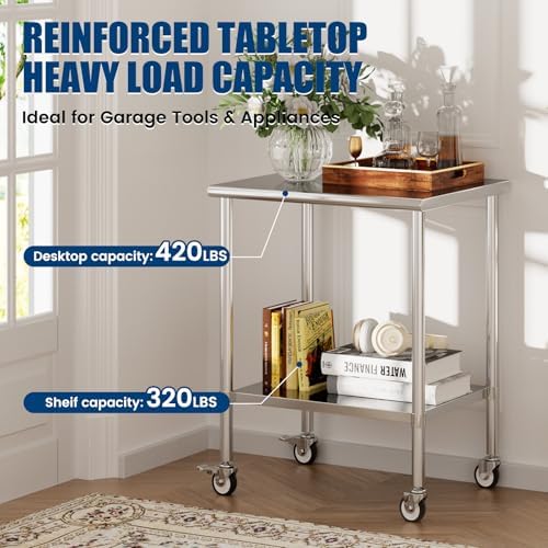 Stainless Steel Work Table with Wheels, 24x30 Inch NSF Kitchen Prep Table with Adjustable Undershelf for Commercial Restaurant, Garage, Outdoor BBQ - Image 2