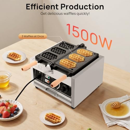1500W 3Pcs Honeycomb Waffle Mak, Commercial Electric Waffle Maker Pop Maker Iron Machine Baker Square Waffle Maker 50~300℃ with LED Light Indicates for Bakeries, Restaurants - Image 2
