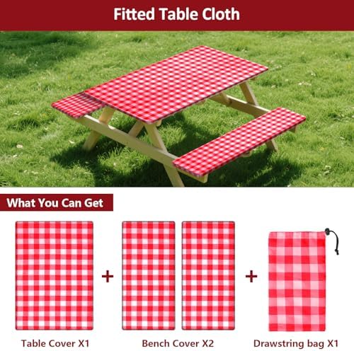 8ft 96in Picnic Table and Bench Cover, 3 Pack, Red-White Checkered - Image 3