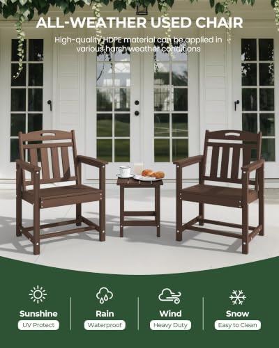 Set of 2 Weatherproof Patio Chairs - HDPE Outdoor Dining Chairs with Wide Seat, Ergonomic Design - for Garden, Backyard, Deck - Brown - Image 4