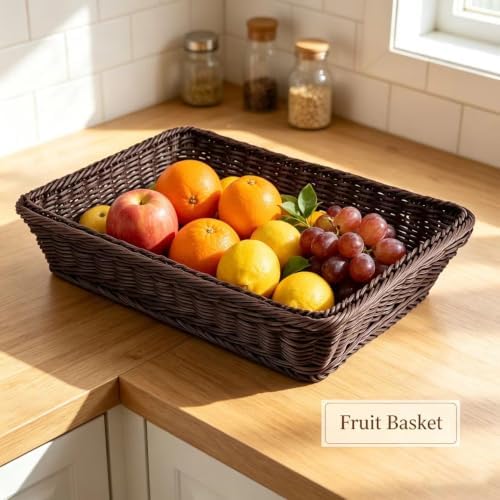 RT&BS 2pcs Wicker Bread Basket for Serving, Wicker Fruit Basket, Display Baskets for Vegetable Fruit, Reusable Handwoven Serving Baskets for Kitchen, Store, Restaurant, Outdoor (Coffee, M) - Image 4