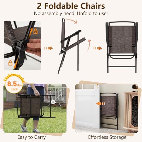 Goplus Patio Bistro Set, 3-Piece Patio Dining Furniture Set with Round Tempered Glass Table, 2 Foldable Chairs, Small Outdoor Folding Chairs & Table Set for Porch Garden Pool Yard - Image 6