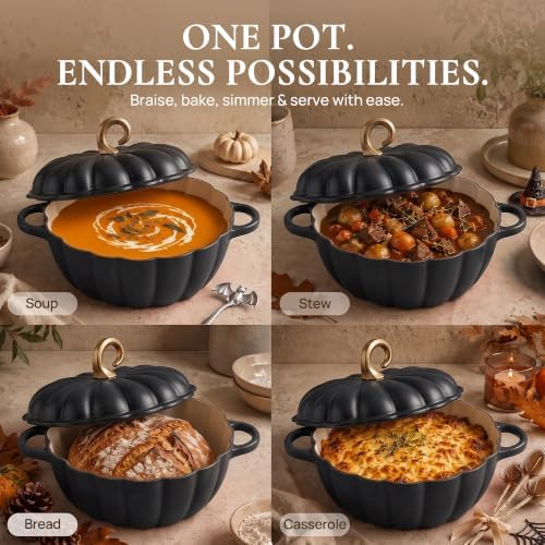 Overmont Pumpkin Enameled Cast Iron Dutch Oven with Lid,4.5 QT,Black - Image 7