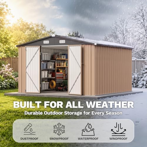Aoxun 10x12 FT Outdoor Storage Shed with Lockable Double Door, Light Brown - Image 5