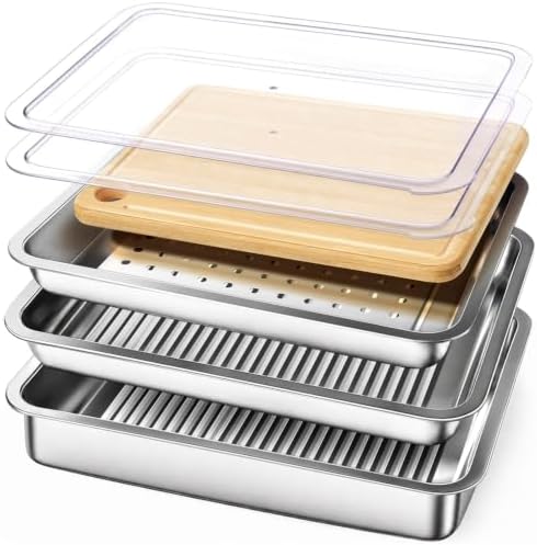 Grilling Prep and Serve Trays, Stainless Steel Large Capacity Food Prep Tray, Grill Carry System, Marinade Container with Lid and Cutting Board, BBQ Grill Accessories, Grilling Gifts for Men by Unknown